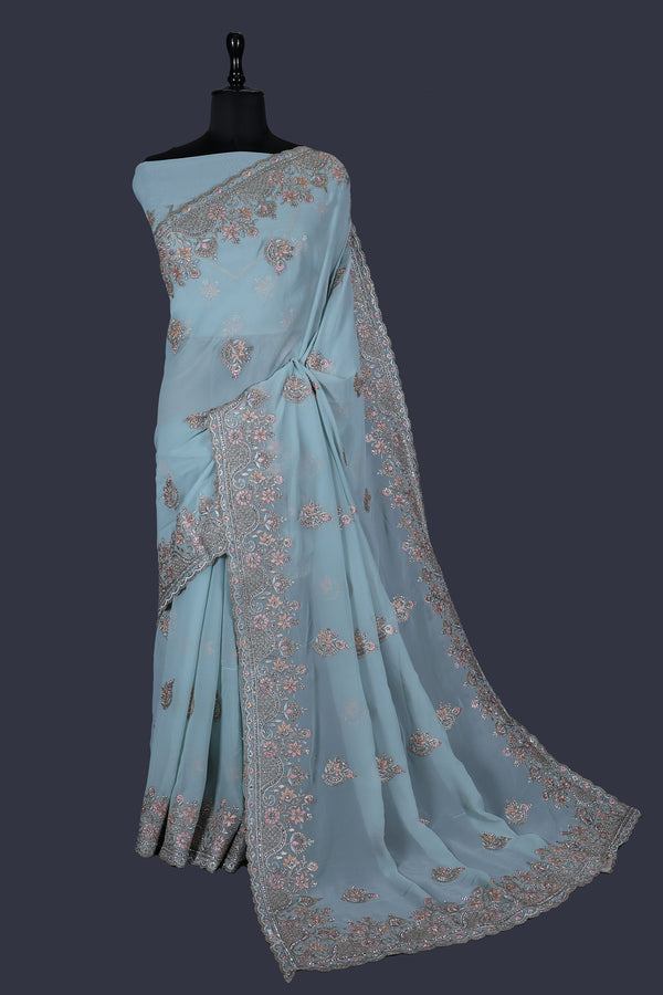 Skay Blue saree in Georgette with Heavy thread & Jarkan work