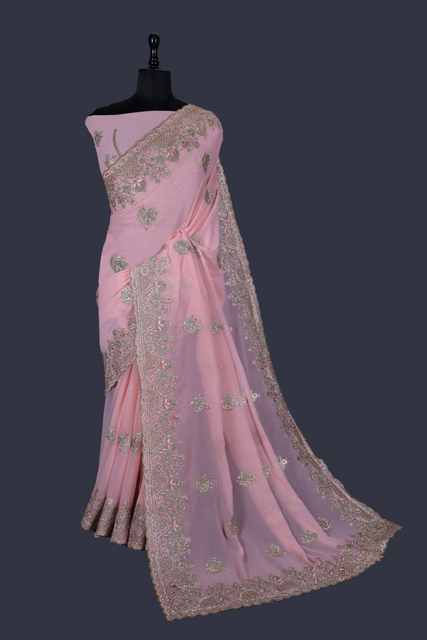 Frost Pink saree in Georgette with Heavy thread & Jarkan work