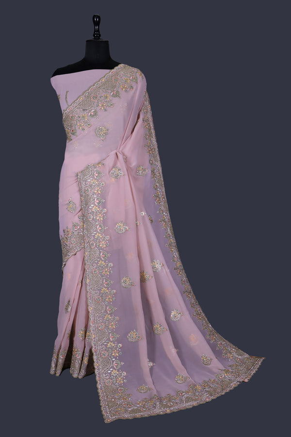 Pink Tint saree in Georgette with Heavy thread & Jarkan work