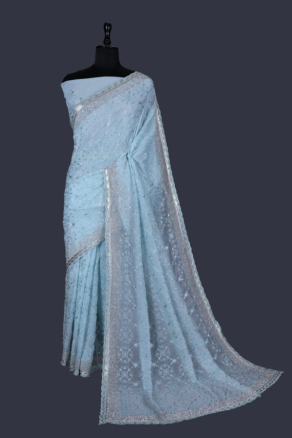 Periwinkle Blue saree in Cristal with Ton-to-Ton thread work with Heavy Jarkan Border.