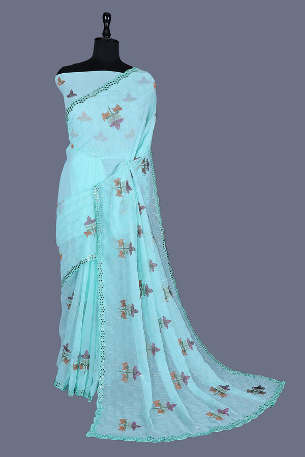 Aqua Blue Saree In georgette With Sequins And Mirrors On The Borders