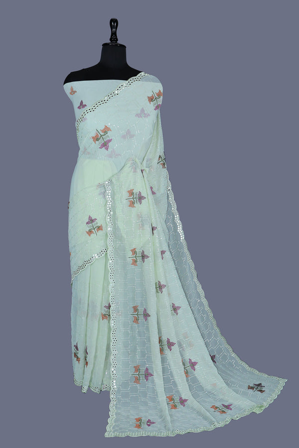 Pistachio Green Saree In georgette With Sequins And Mirrors On The Borders