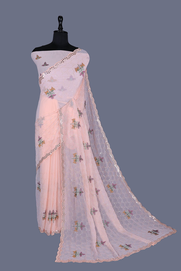 Baby Pink Saree In georgette With Sequins And Mirrors On The Borders