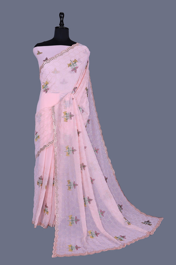 Lilac purple Saree In georgette With Sequins And Mirrors On The Borders