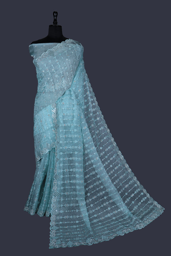 Sky Blue saree in Tissue with Ton-to-Ton thread work with Heavy Jarkan Work.