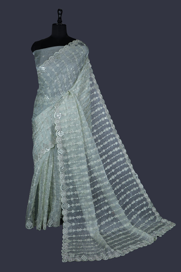 Apple Green saree in Tissue with Ton-to-Ton thread work with Heavy Jarkan Work.