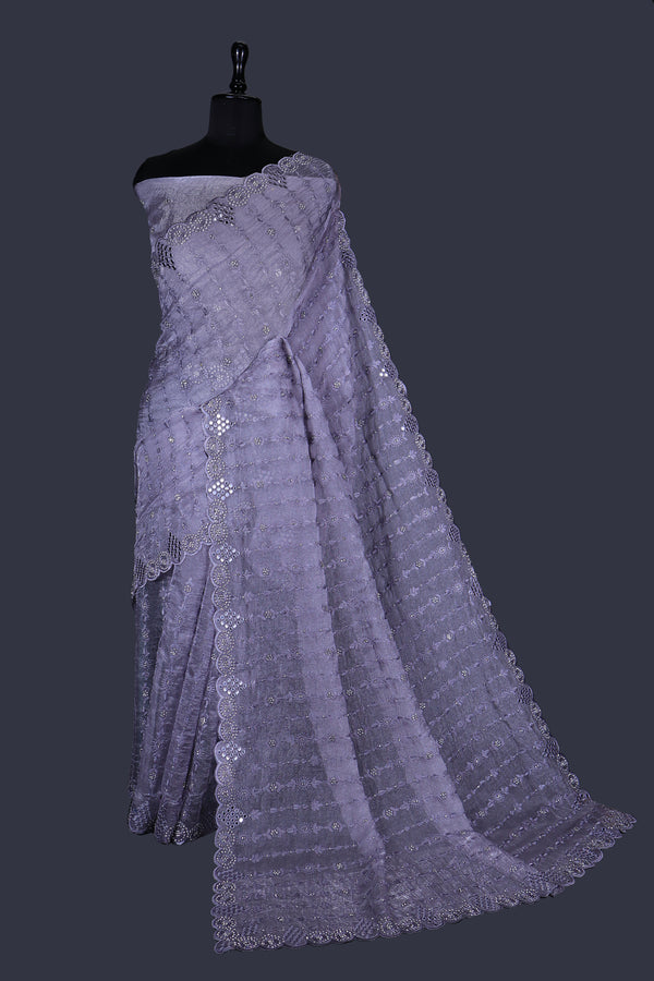 Amethyst Purple saree in Tissue with Ton-to-Ton thread work with Heavy Jarkan Work.