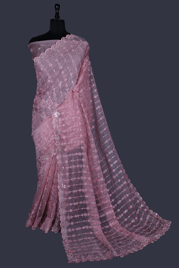 Begonia Pink saree in Tissue with Ton-to-Ton thread work with Heavy Jarkan Work.