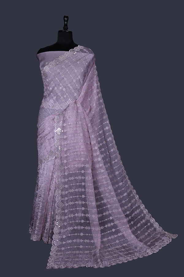 Orchid Purple saree in Tissue with Ton-to-Ton thread work with Heavy Jarkan Work.