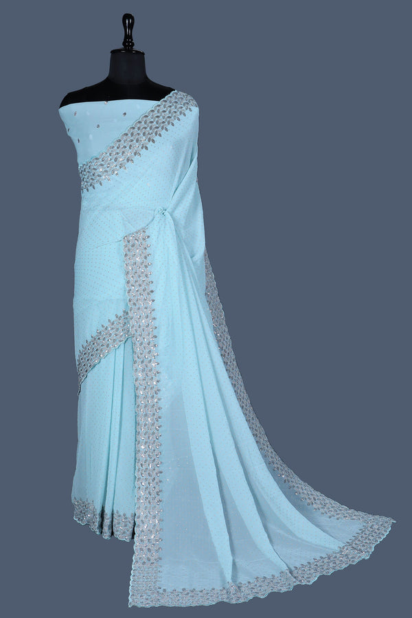 Light firozi embellished saree in georgette