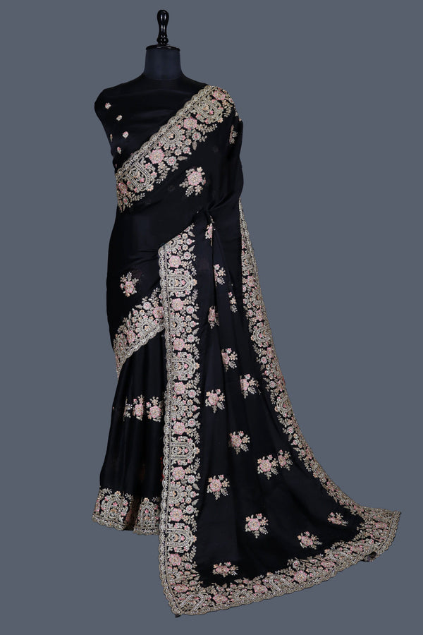 Charcoal Black saree in Satin Chiffon with Multi-colour thread work