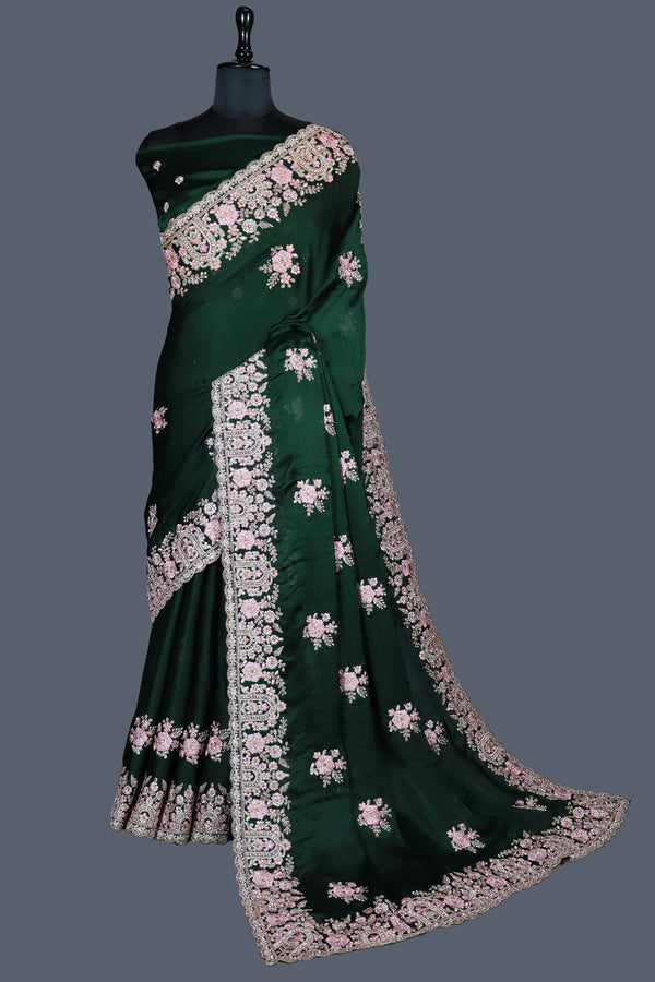 Jeri Green saree in Satin Chiffon with Multi-colour thread work