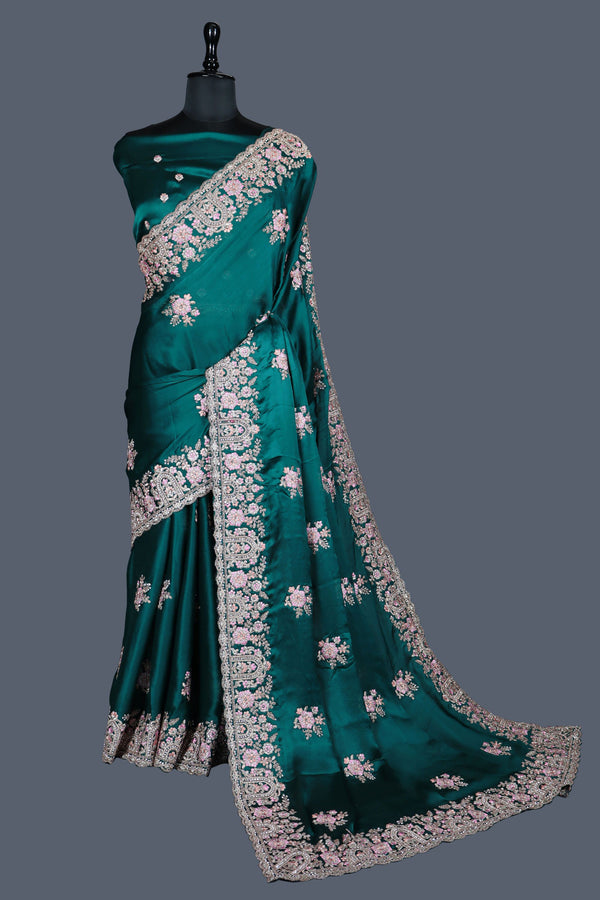 Morpeach saree in Satin Chiffon with Multi-colour thread work