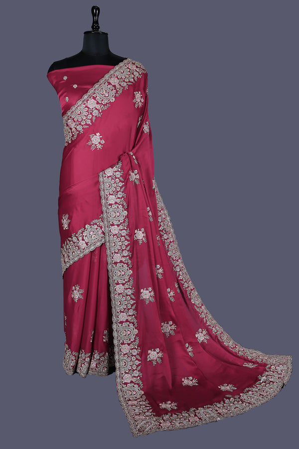 Rani saree in Satin Chiffon with Multi-colour thread work