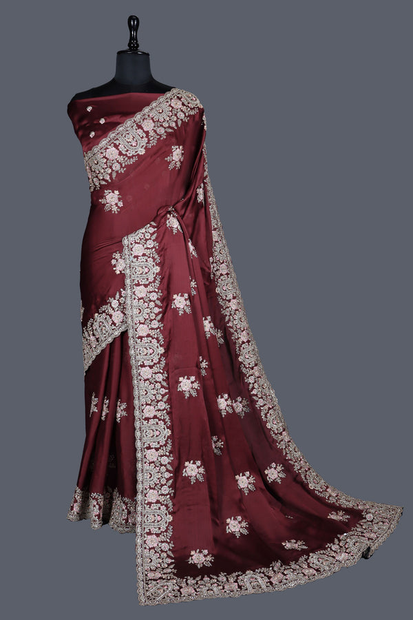 Blood-Red saree in Satin Chiffon with Multi-colour thread work