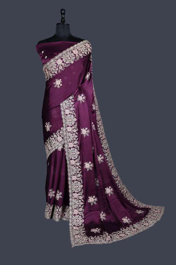 Mulberry Wine saree in Satin Chiffon with Multi-colour thread work