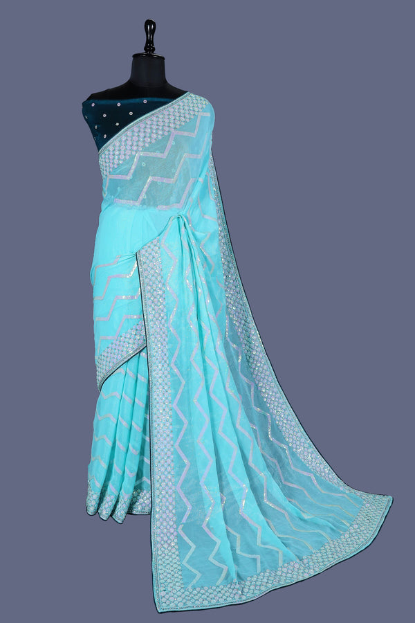 Sky blue Shimmer saree with Contrast Blouse