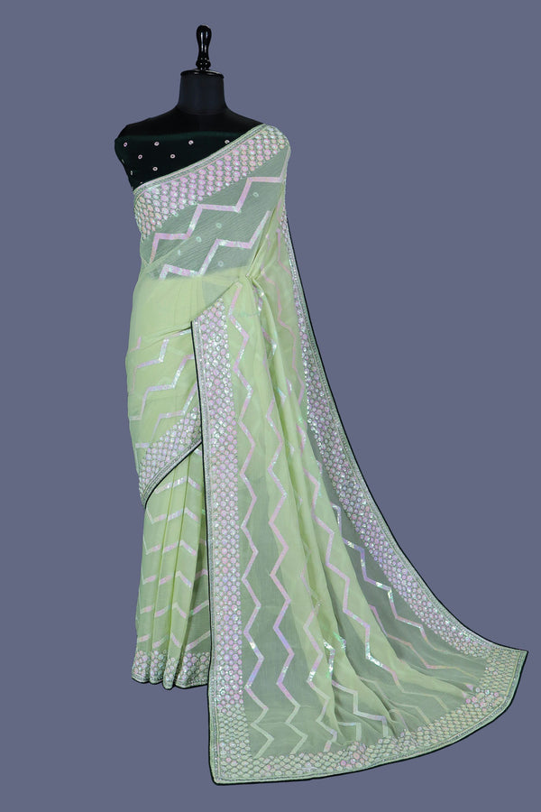 Meadow Green Shimmer saree with Contrast Blouse