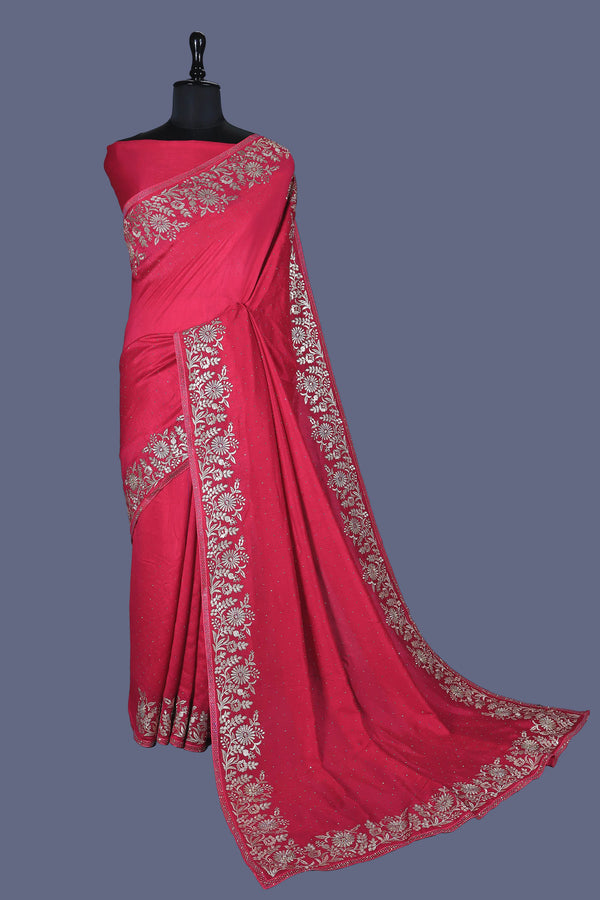 Cherry Red saree in Vichitra with Siroski work