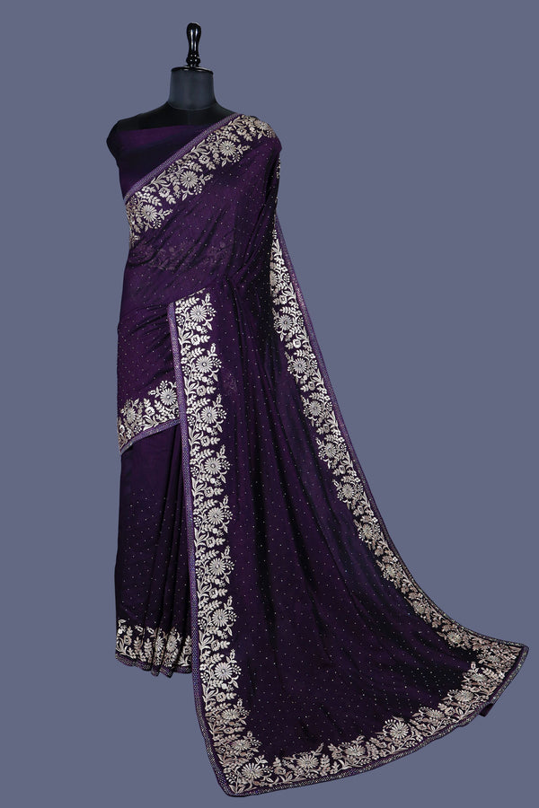 Damson Wine  saree in Vichitra with Siroski work