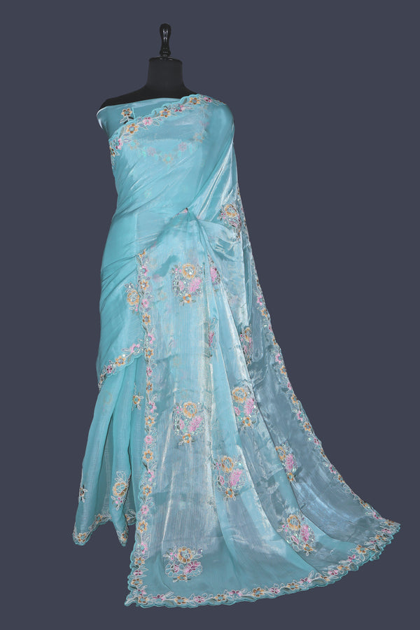 Sky Blue saree in Burberry with colour full thread border work