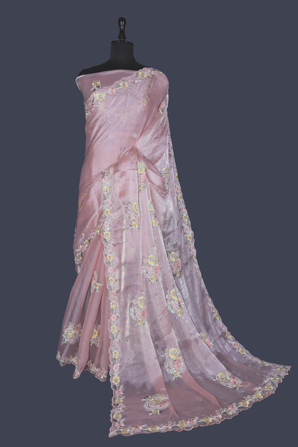 Antique pink saree in Burberry with colour full thread border work