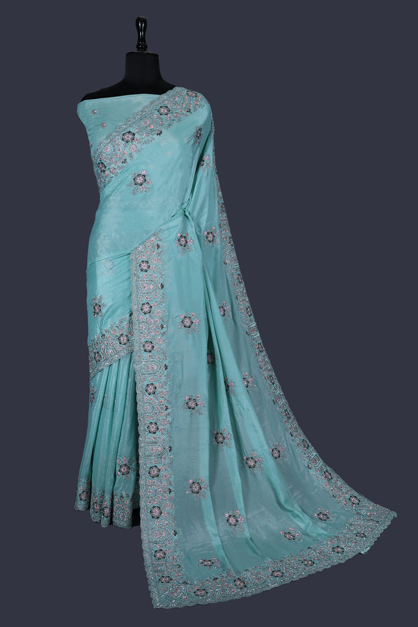 Mint Blue saree in Fancy Fabric with Embroidery work with Jarkan Work.