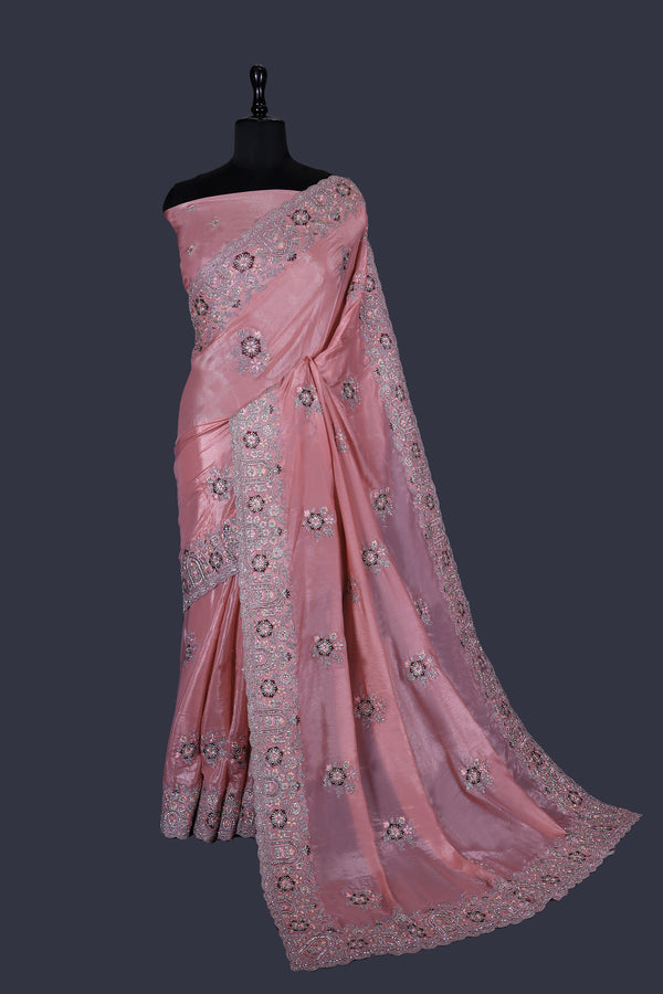 Frost Pink saree in Fancy Fabric with Embroidery work with Jarkan Work.