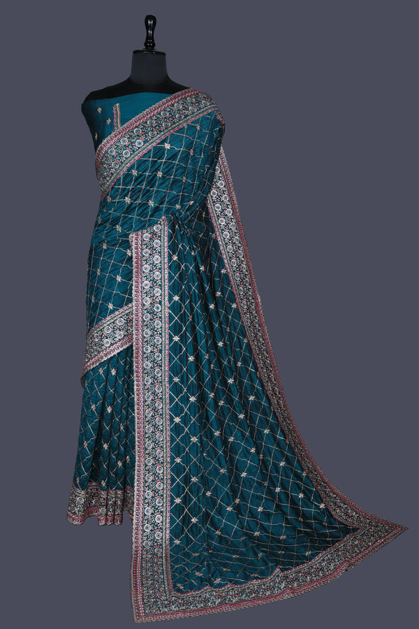 Peacock Blue saree in Vichitra with Heavy border work