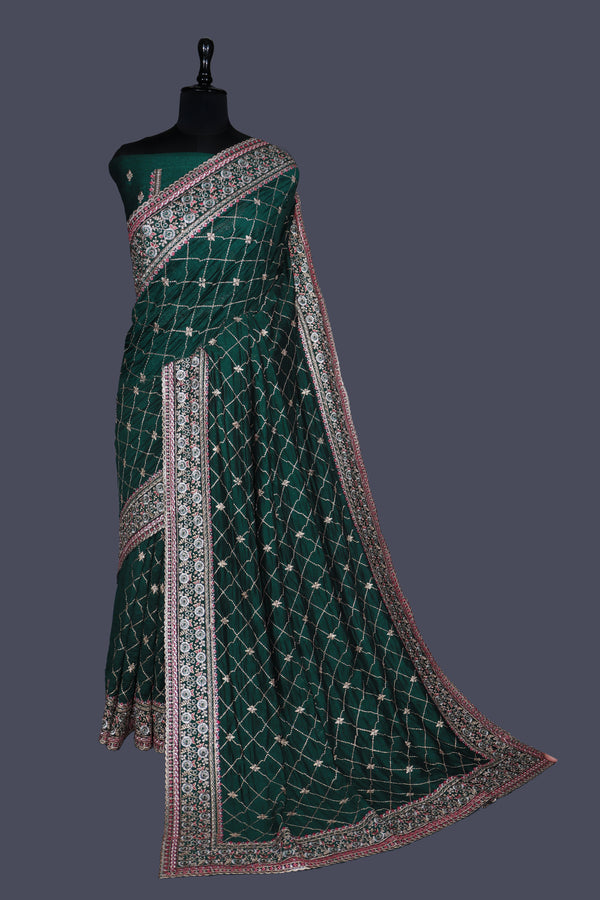 Olive Green saree in Vichitra with Heavy border work