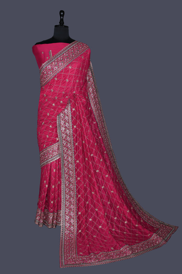 Dark coral  saree in Vichitra with Heavy border work