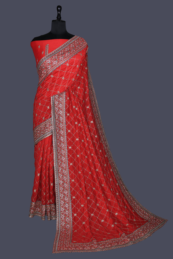 Cherry Red  saree in Vichitra with Heavy border work