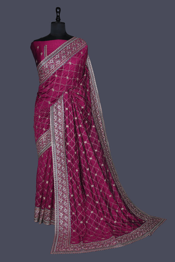 Deep Pink saree in Vichitra with Heavy border work