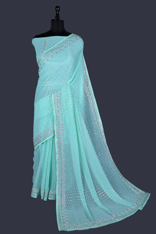 Aque Blue saree in Georgette with Fancy thread Border & all over sequence with thread work