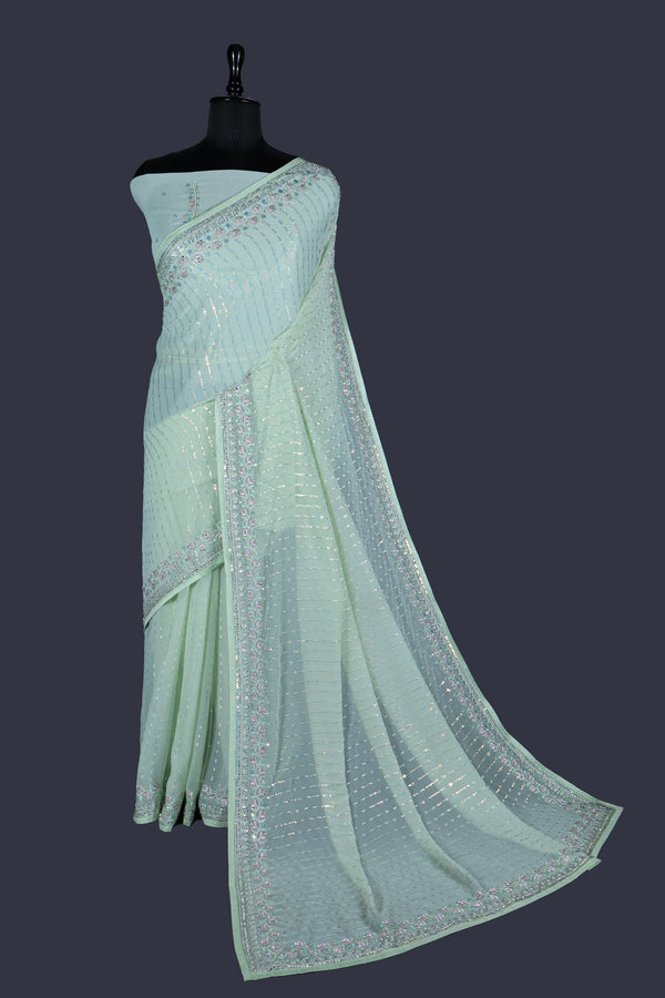 Pistachio green saree in Georgette with Fancy thread Border & all over sequence with thread work