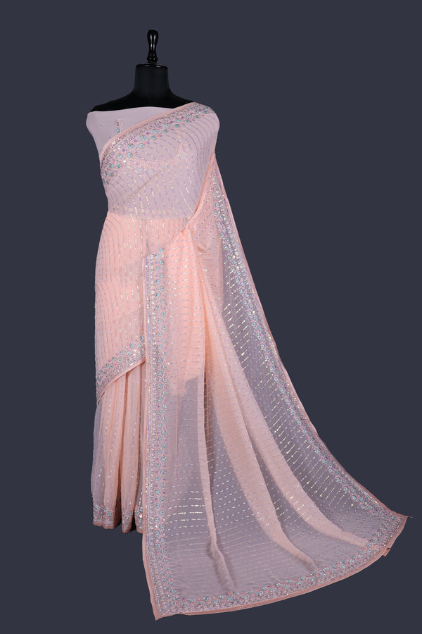 Pink Lace saree in Georgette with Fancy thread Border & all over sequence with thread work