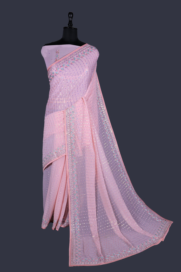 Pink Tint saree in Georgette with Fancy thread Border & all over sequence with thread work