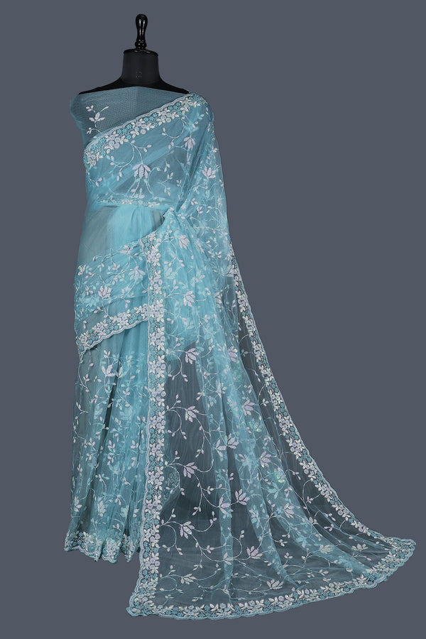 Mint Blue saree in Net with Kundan work