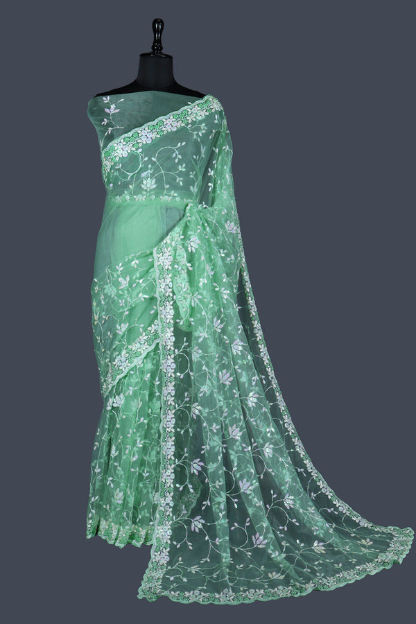 Leaf Green saree in Net with Kundan work