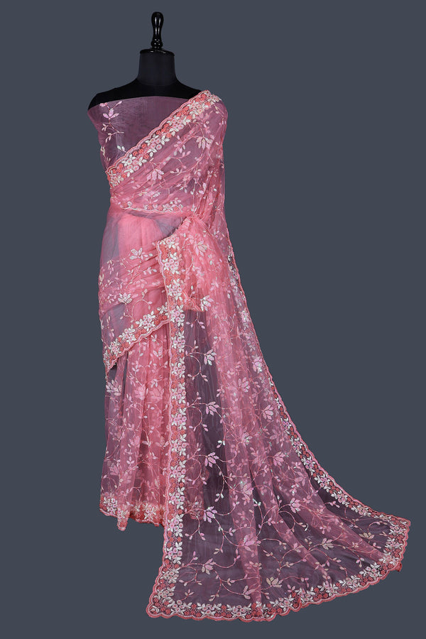 Coral Pink saree in Net with Kundan work